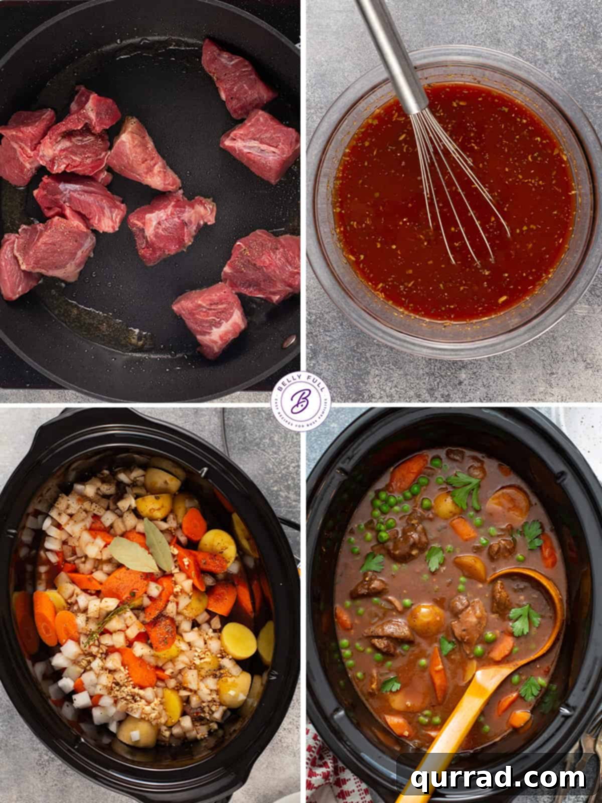 A four-panel image illustrating the step-by-step process of making slow cooker beef stew: browning the beef, adding ingredients to the slow cooker, mixing the broth, and the finished stew.