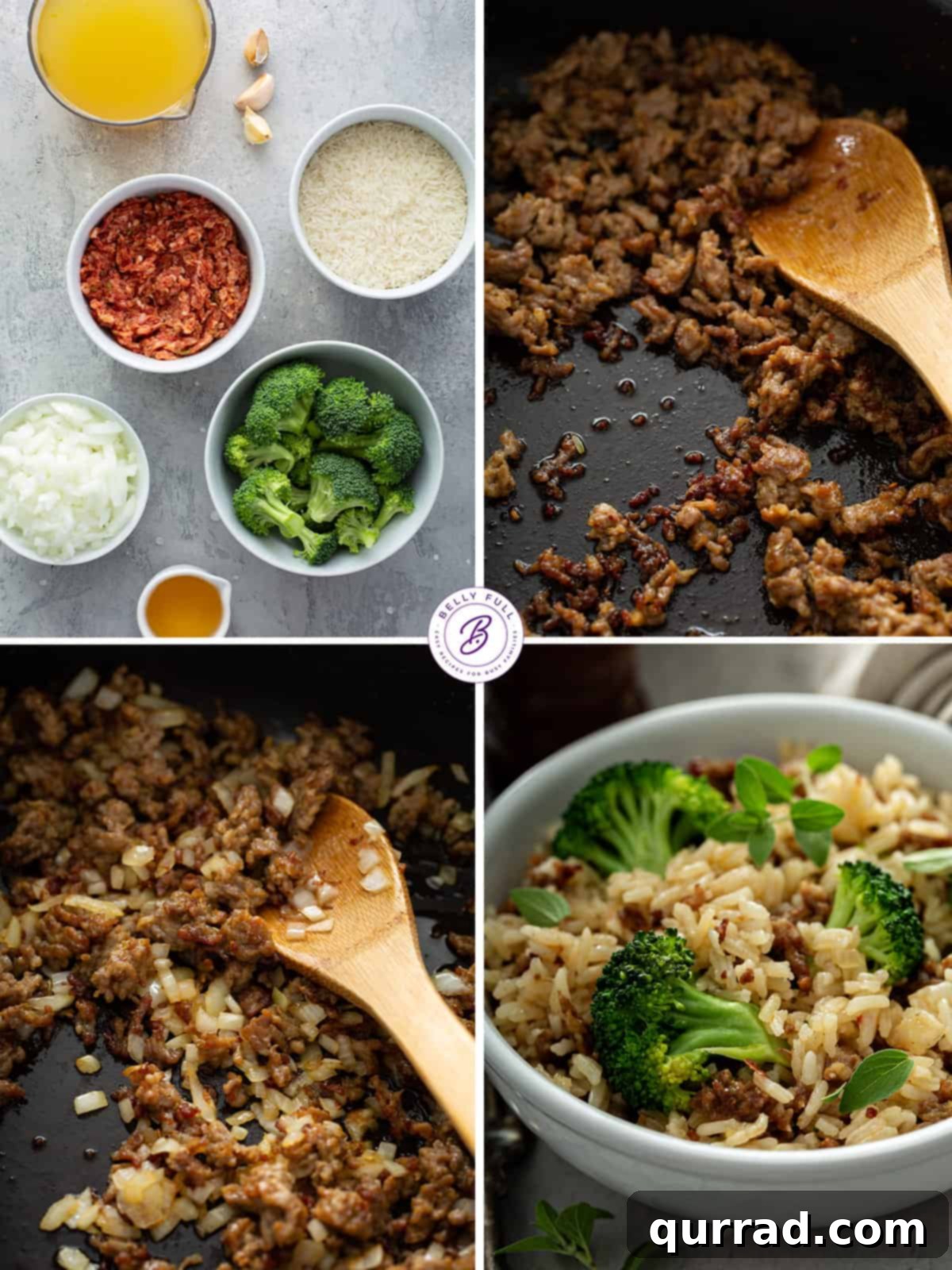 A step-by-step image collage demonstrating the process of making the one-pot sausage, rice, and broccoli skillet.
