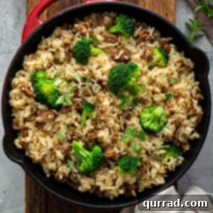 A delicious overhead view of the finished One-Pot Sausage and Rice Skillet.