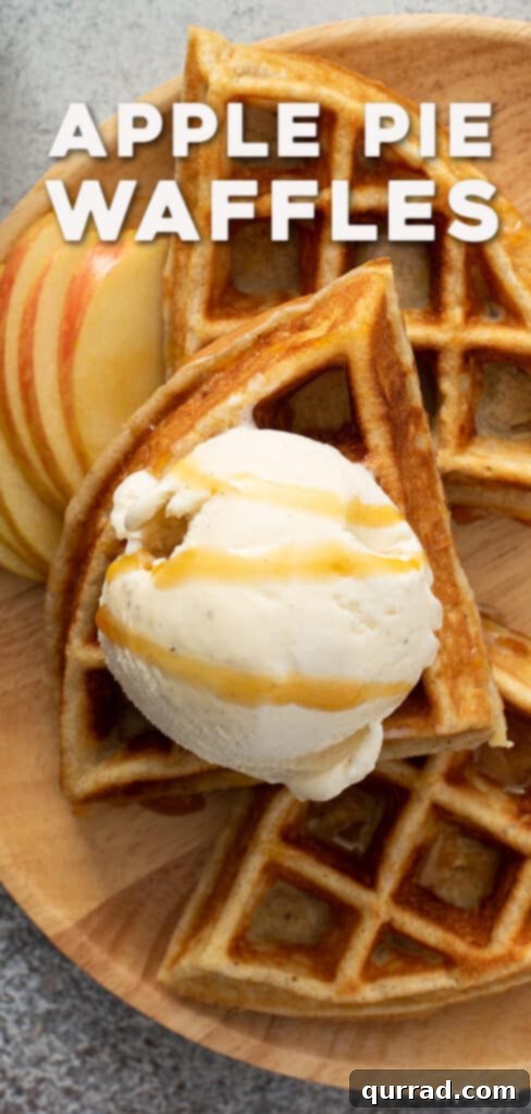 Spiced Apple Waffles 4 Pinterest pin for apple pie waffles recipe, featuring a stack of waffles with ice cream and caramel.