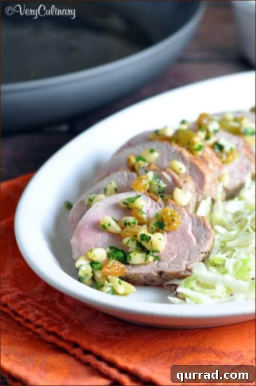 Cumin Seared Pork Tenderloin with a Raisin Pine Nut Relish - easy enough for every day, but fancy enough for a holiday dinner! Also dairy free and gluten free!.