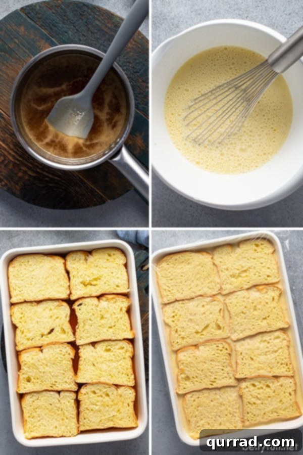 Wake Up To Brioche French Toast Casserole 4 4 picture collage of brioche french toast ingredients and prepared casserole