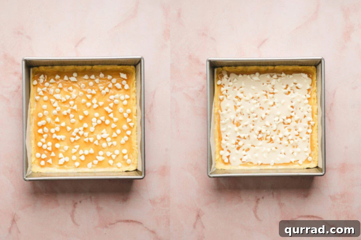Zesty Lemon Bliss Bars 7 layers of condensed milk, white chocolate chips, lemon curd, and dough in square baking dish