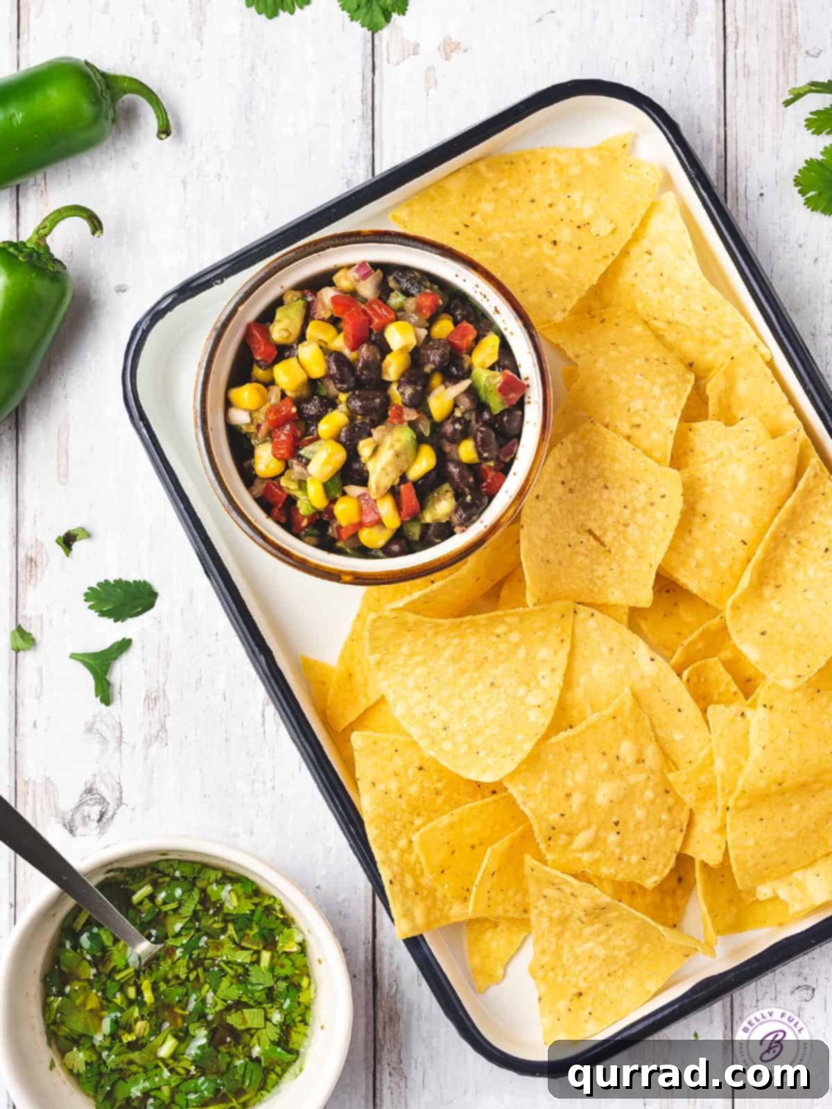 Fiesta Black Bean Corn Salsa 4 overhead Black Bean and Corn Salsa with tortilla chips on serving tray