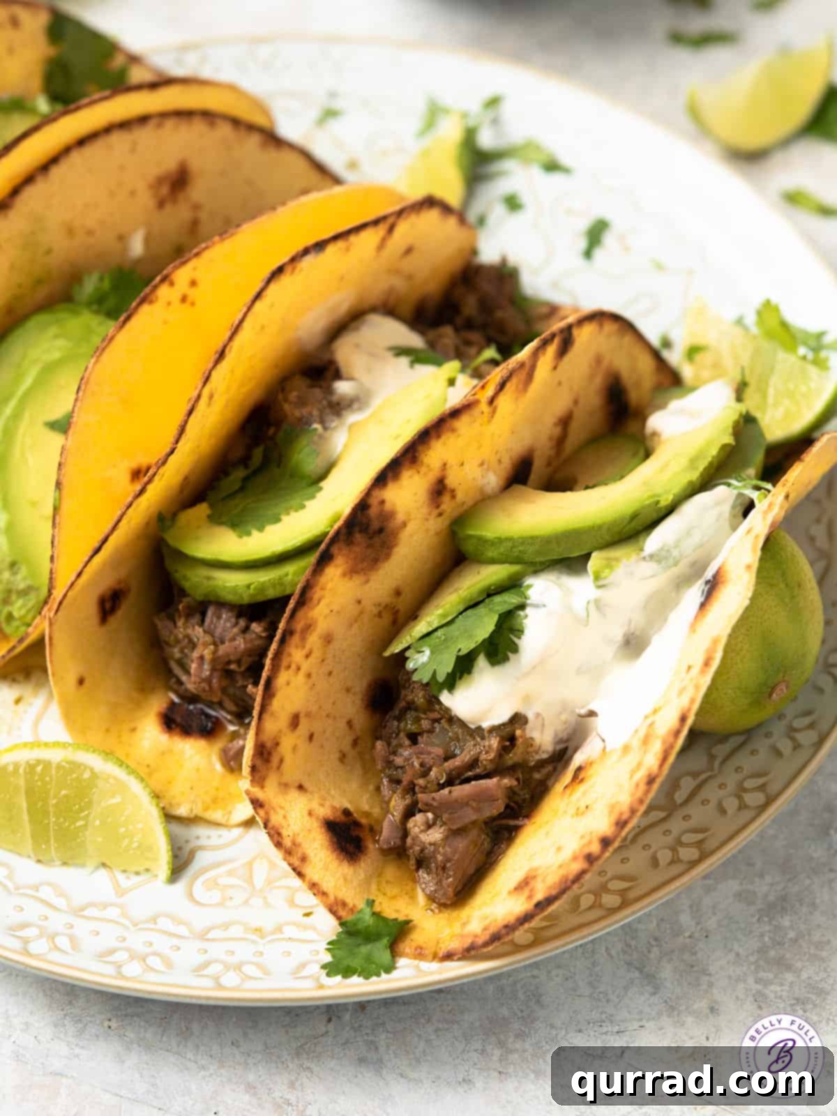 A close-up of a single shredded beef taco, artfully topped with creamy sour cream and vibrant avocado.