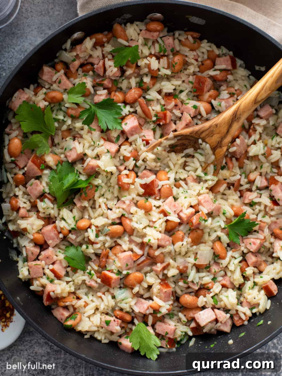 top down cooked rice and beans in skillet