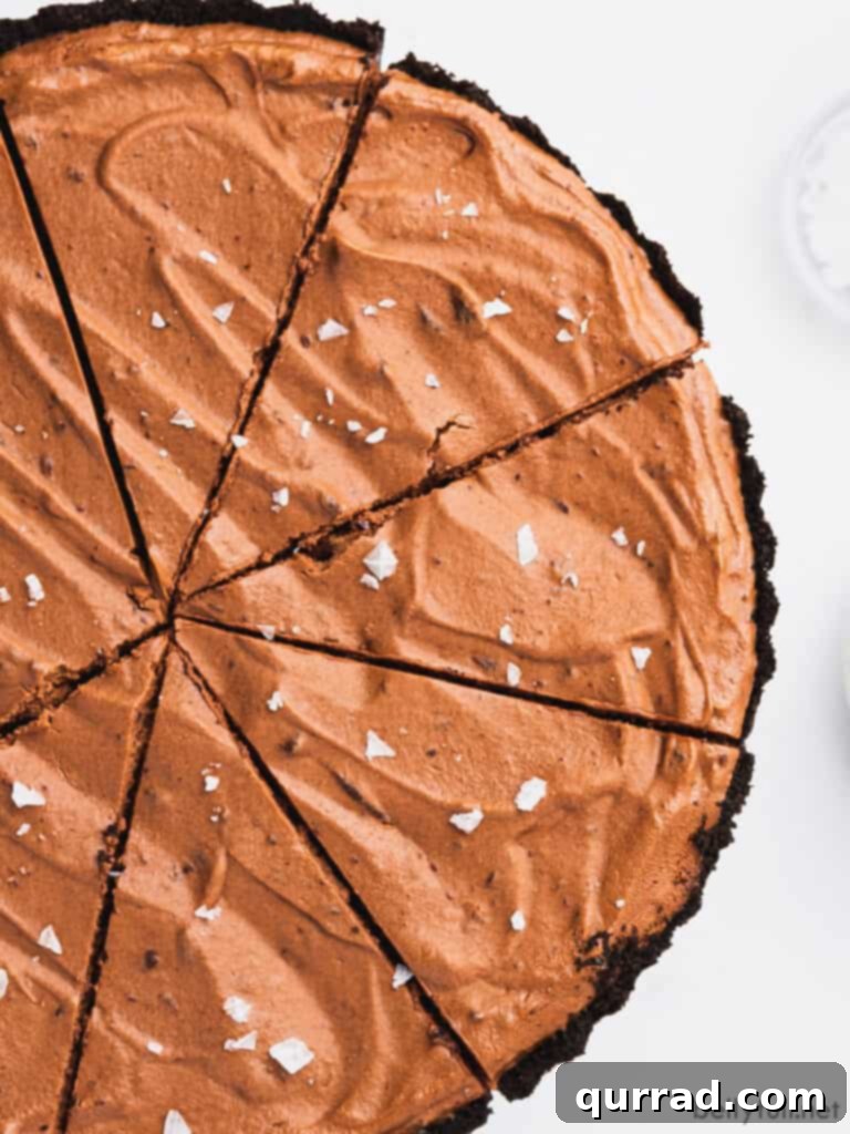 Decadent Chocolate Dream Pie 3 overhead view of chocolate pie cut into 8 slices