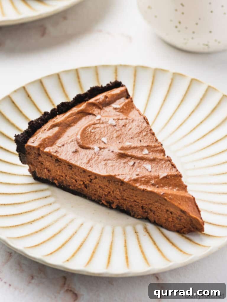 Decadent Chocolate Dream Pie 4 slice of silky chocolate pie on ornate plate