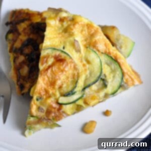 Desert Sunrise Frittata 5 overhead slice of egg frittata made with zucchini and corn