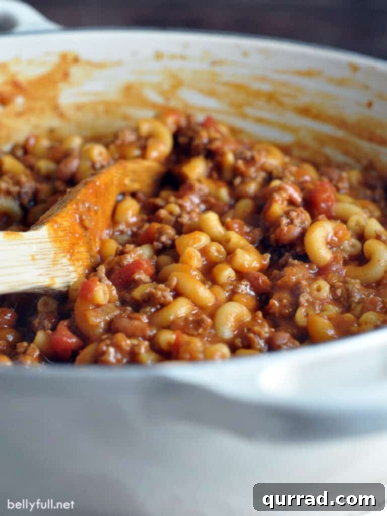 big pot of chili mac and cheese close up