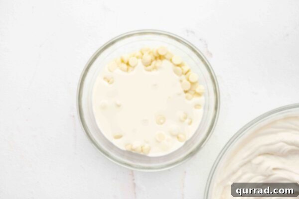 heavy cream and white chocolate chips in a glass bowl, ready for melting