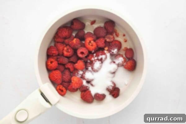 raspberries and sugar simmering in a saucepan