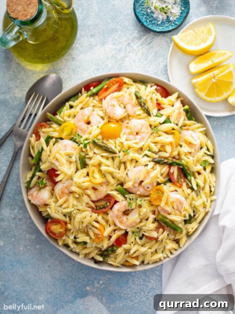 Bright Lemon Orzo Pasta Salad 3 overhead of Orzo Salad with shrimp, asparagus, and tomatoes in serving bowl