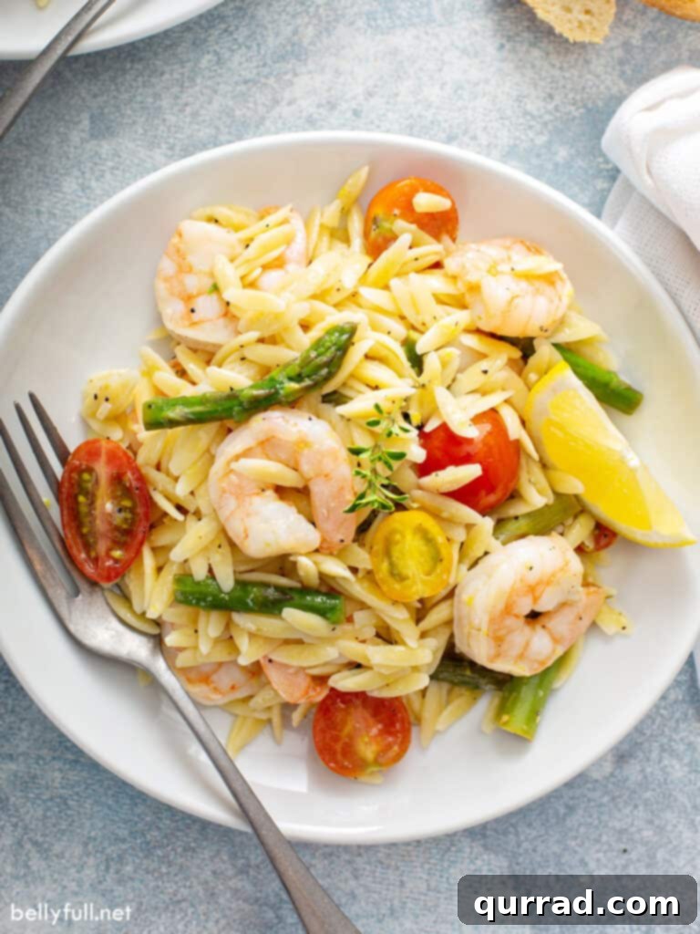 Bright Lemon Orzo Pasta Salad 4 overhead of Orzo Pasta Salad with shrimp and asparagus on white plate