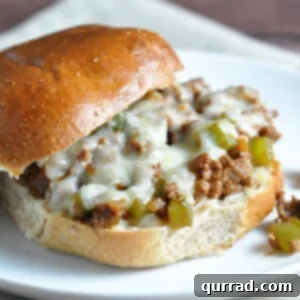 Close up view of savory Philly Cheesesteak Sloppy Joes with melted cheese