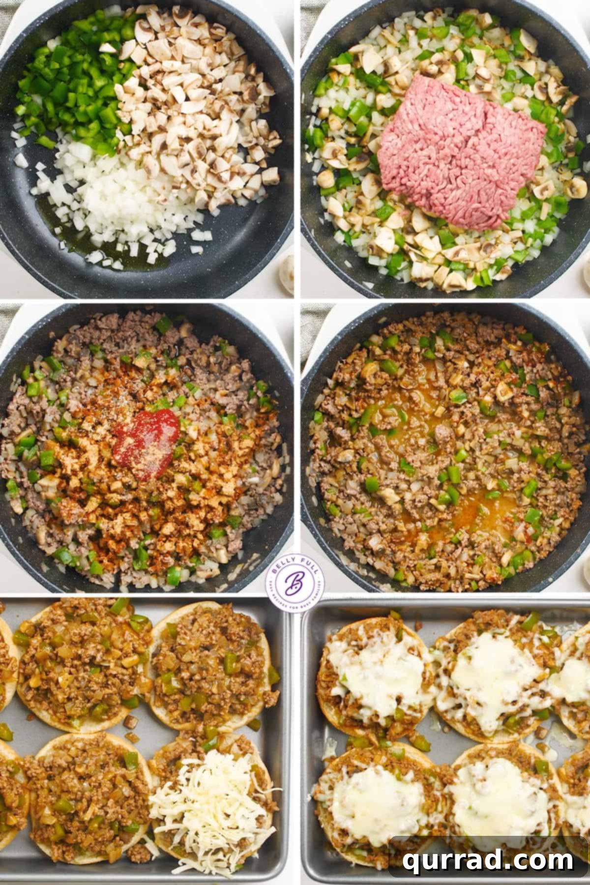 Step-by-step guide showing how to prepare Philly Cheesesteak Sloppy Joes, from cooking meat and vegetables to assembling with melted cheese.