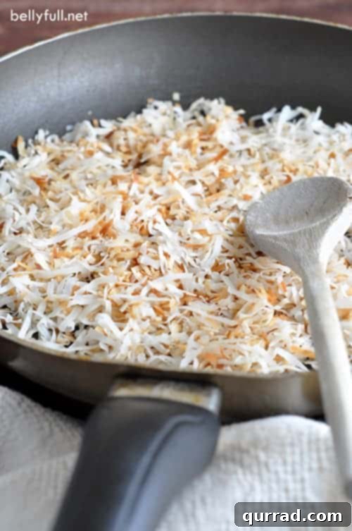 Toasting coconut lends a richer nuttier taste, crunchier texture, and a beautiful golden hue that makes your coconut pie, cake, bars, or macaroons pop!