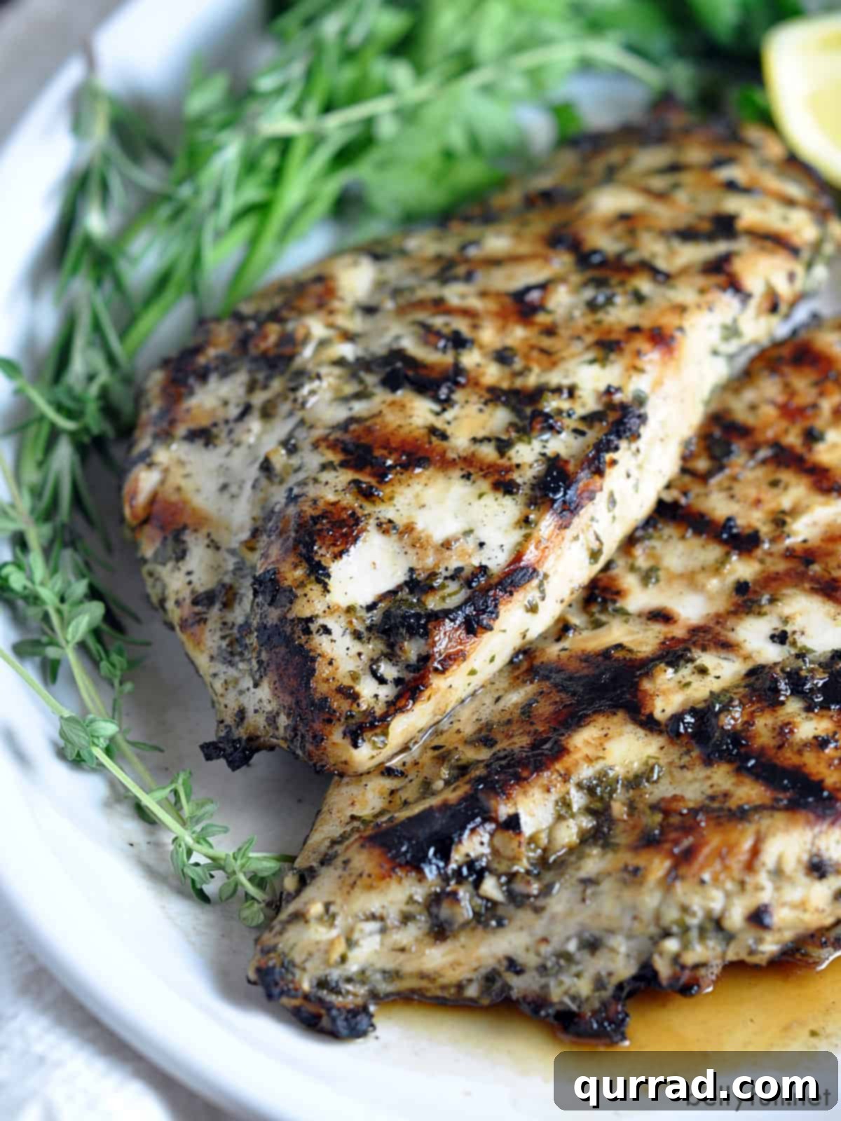 Juicy Grilled Chicken Breasts 2 Perfectly grilled chicken breasts on a serving plate, garnished with fresh herbs.