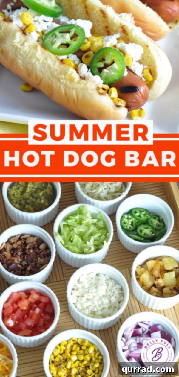 Frank & Fixings 6 A vibrant Pinterest image promoting the creation of a fun and varied Hot Dog Bar, showcasing diverse toppings and the theme of summer grilling parties.
