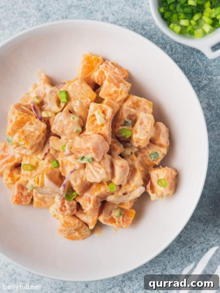 Roasted Sweet Potato Delight 2 overhead sweet potato salad in white bowl