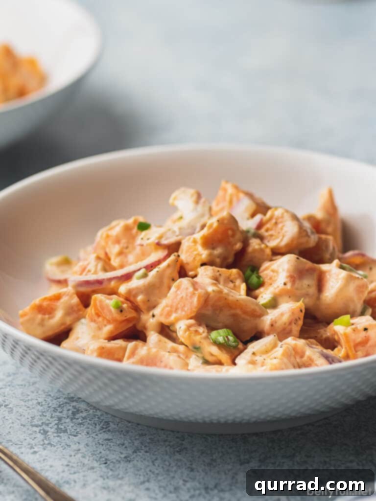 Roasted Sweet Potato Delight 4 side angle of creamy sweet potato potato salad in bowl