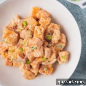 Roasted Sweet Potato Delight 5 overhead sweet potato salad in white bowl