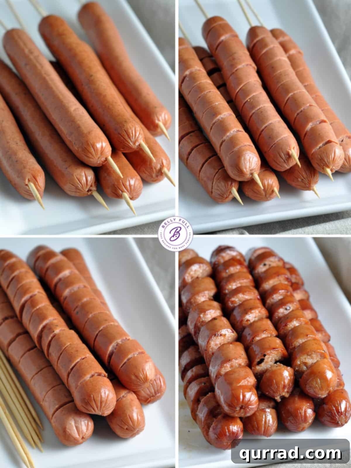 Sizzling Spiral Hot Dogs 3 Four-image step-by-step guide on how to spiral cut hot dogs before grilling, showing the skewering and slicing process.