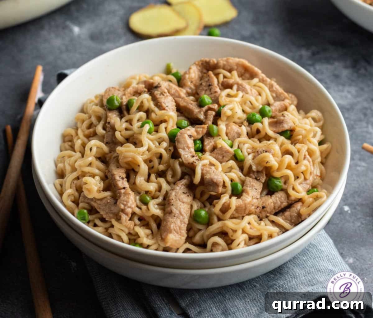 Garlic Ginger Pork Ramen Toss 4 Bowl of pork ramen noodles with baby peas