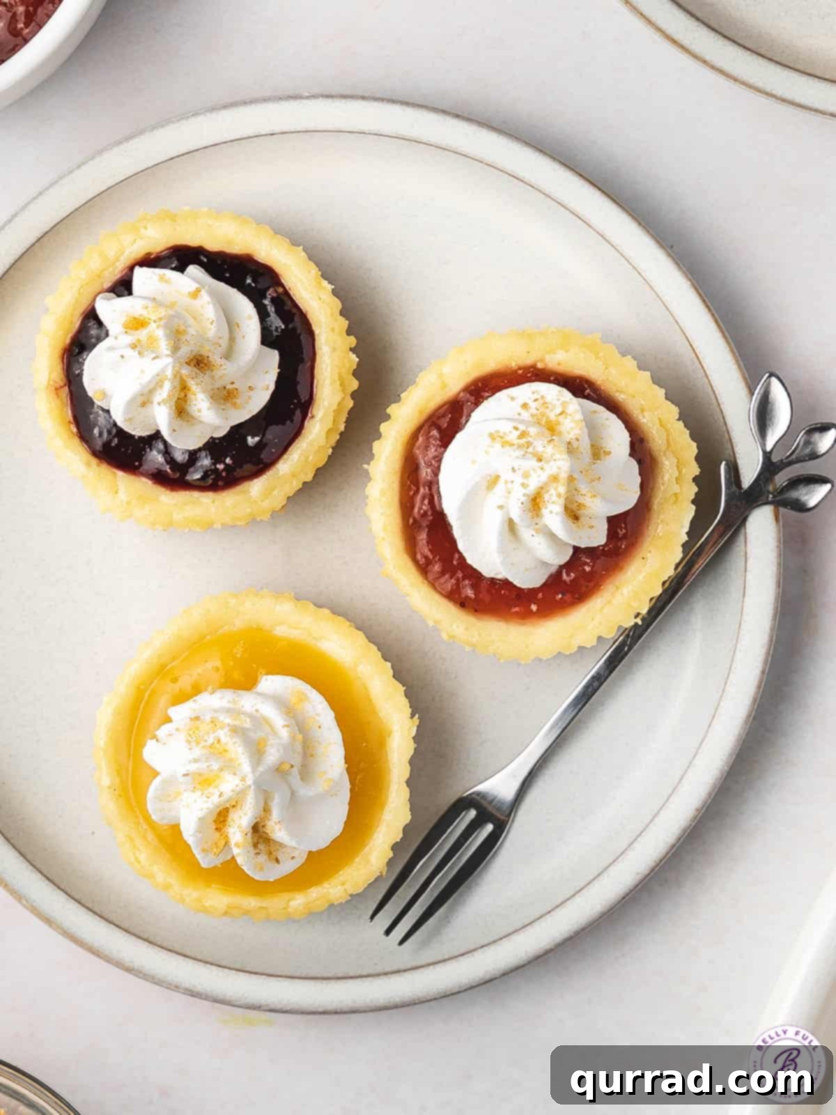 Petite Cheesecakes 3 Overhead shot of three mini cheesecakes, beautifully arranged on a plate, adorned with colorful jams and delicate swirls of whipped cream, inviting a delightful taste.