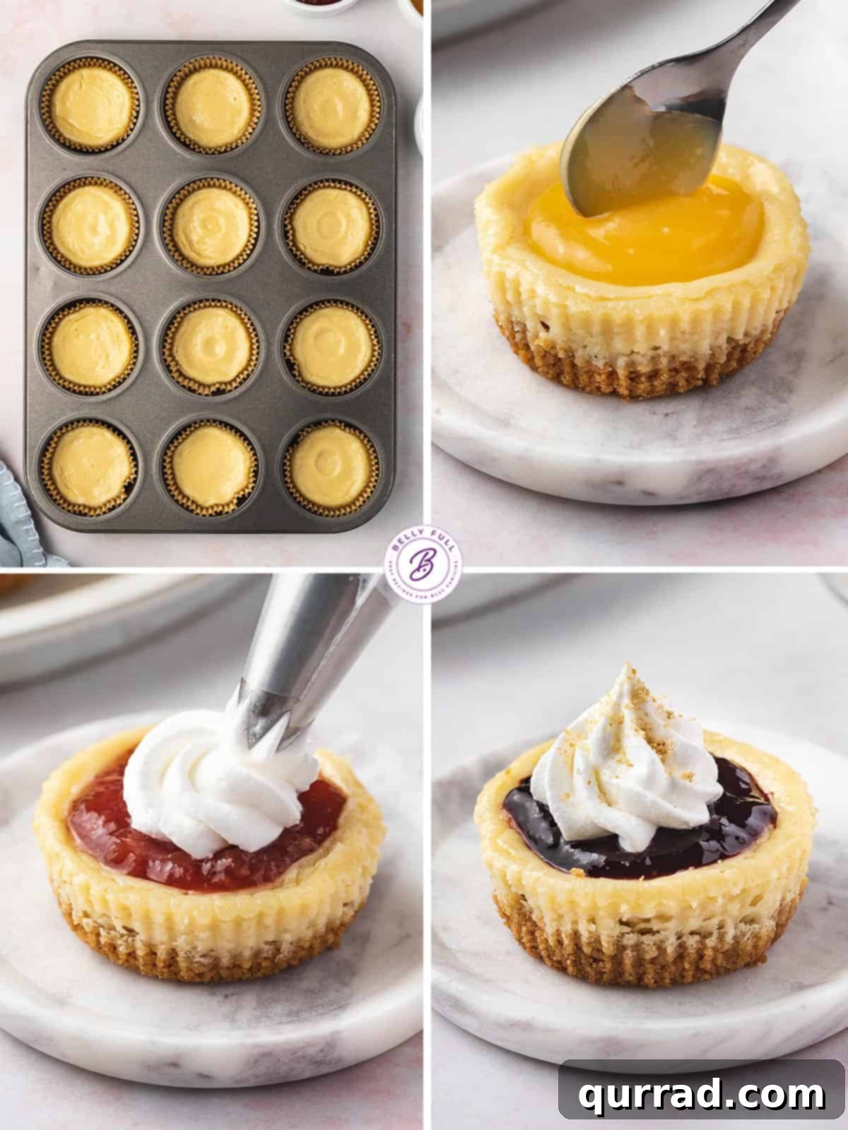 Petite Cheesecakes 4 A four-image collage showing the step-by-step process of how to make mini cheesecakes, from preparing the crust to spooning in the filling.