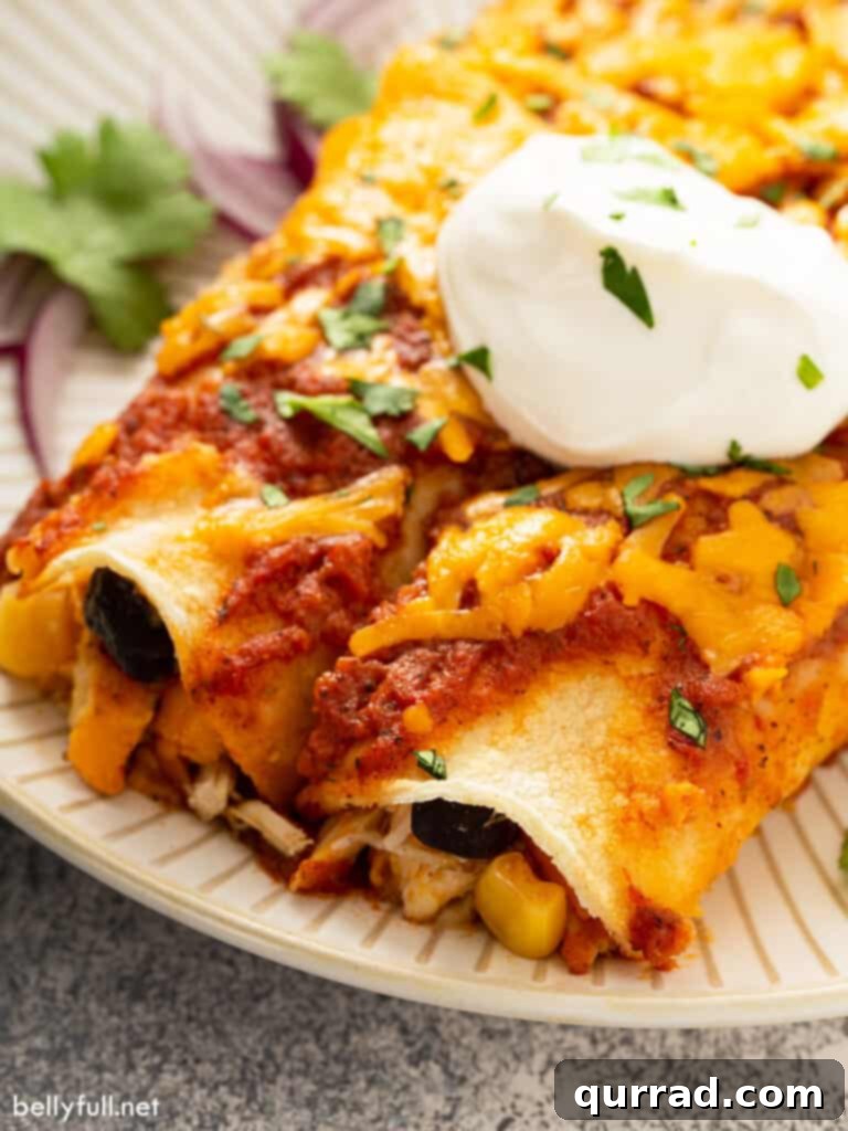 Weeknight Wonder Chicken Enchiladas 8 2 enchiladas with sour cream on plate.