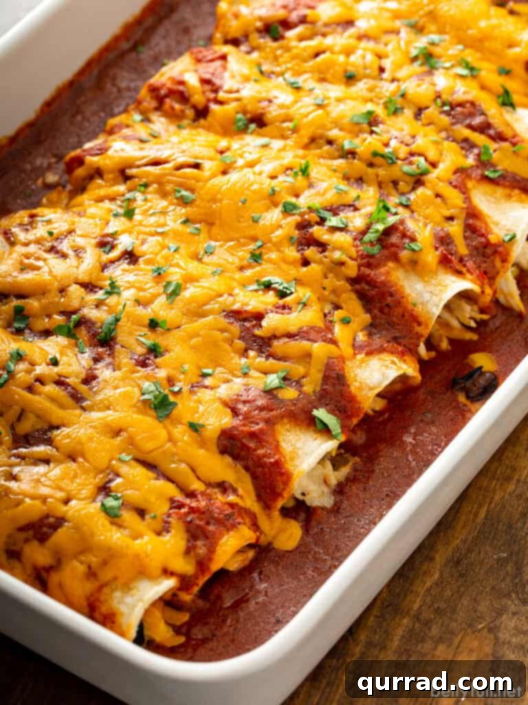 Weeknight Wonder Chicken Enchiladas 7 Baked cheesy chicken enchiladas in baking dish.