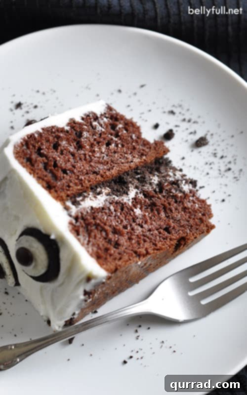 Moist & Rich: The Perfect Chocolate Base for Your Halloween Ghost Cake Close-up of a delectable slice of moist chocolate cake, layered perfectly