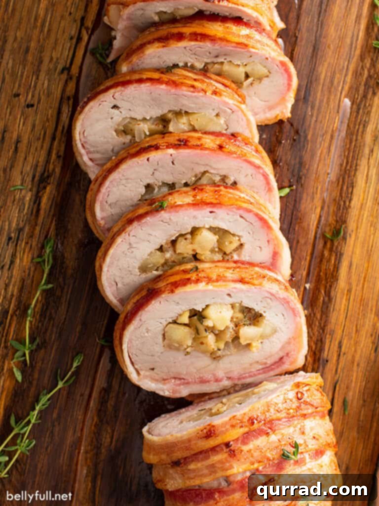 Crispy Bacon-Wrapped Pork Tenderloin 2 sliced stuffed bacon wrapped pork tenderloin