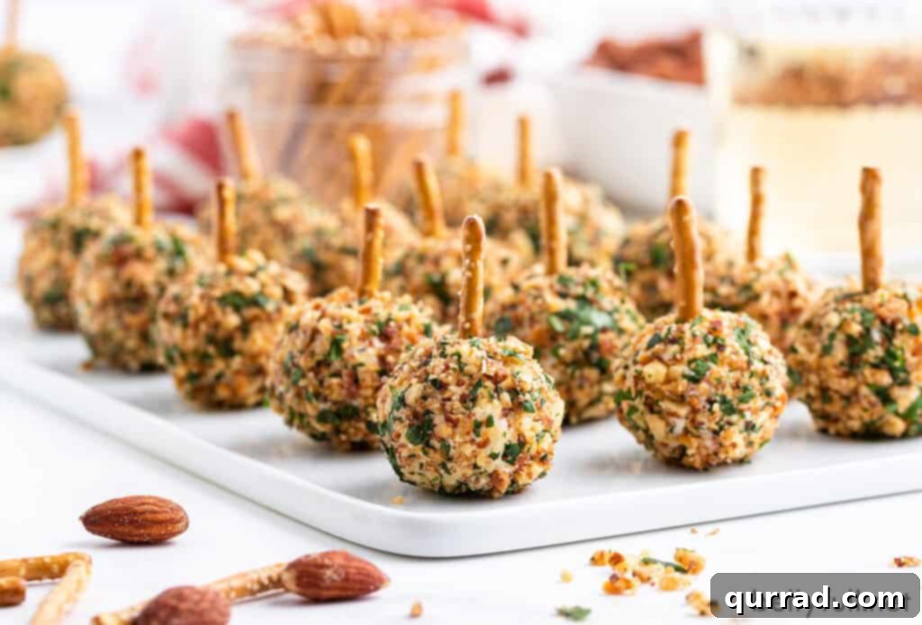 A beautifully arranged tray of mini cheese balls, each with a pretzel stick inserted, ready for guests to enjoy at a gathering.