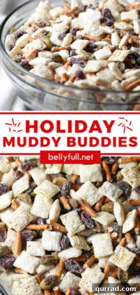 A Pinterest-friendly graphic for Holiday Muddy Buddies, showcasing the finished product with a descriptive text: 'Chex Mix Holiday Muddy Buddies with a Christmas holiday flair. Super easy and festive no bake snack, ready in just 15 minutes. Be warned - it's super addictive!'