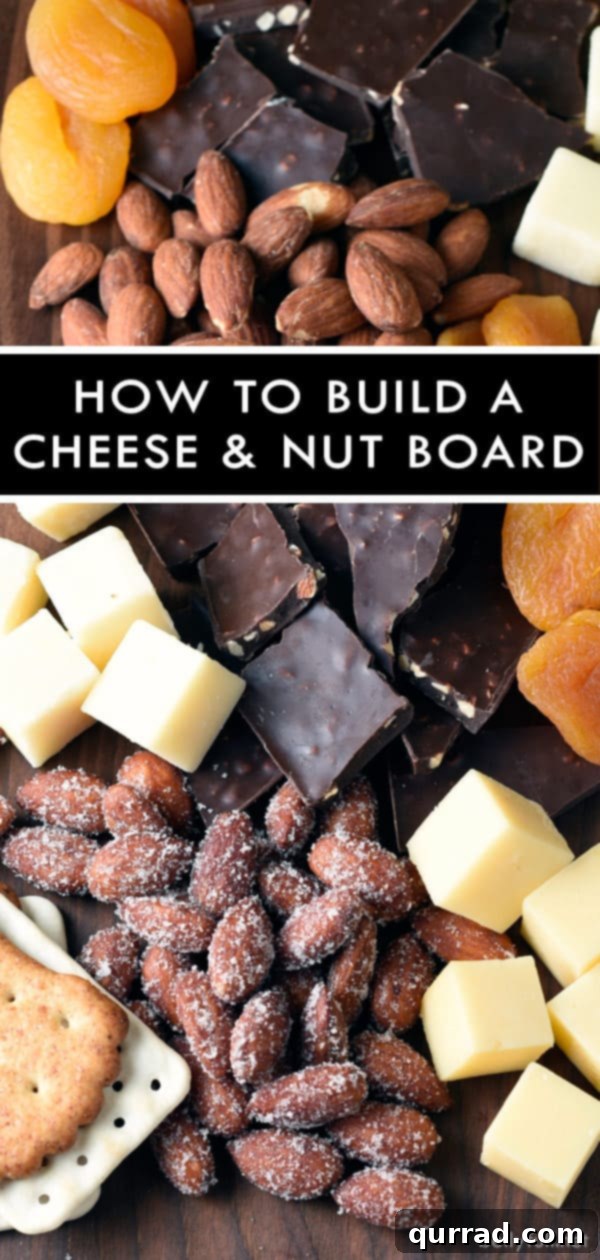 Quick & Easy Cheese and Nut Board in 15 Minutes: #cheeseandnutboard #diycheeseboard #Charcuterieboard #diyCharcuterieboard #holidayappetizers A beautifully arranged cheese and nut board featuring a rich variety of cheeses, nuts, dried fruits, and dark chocolate, ready for serving.