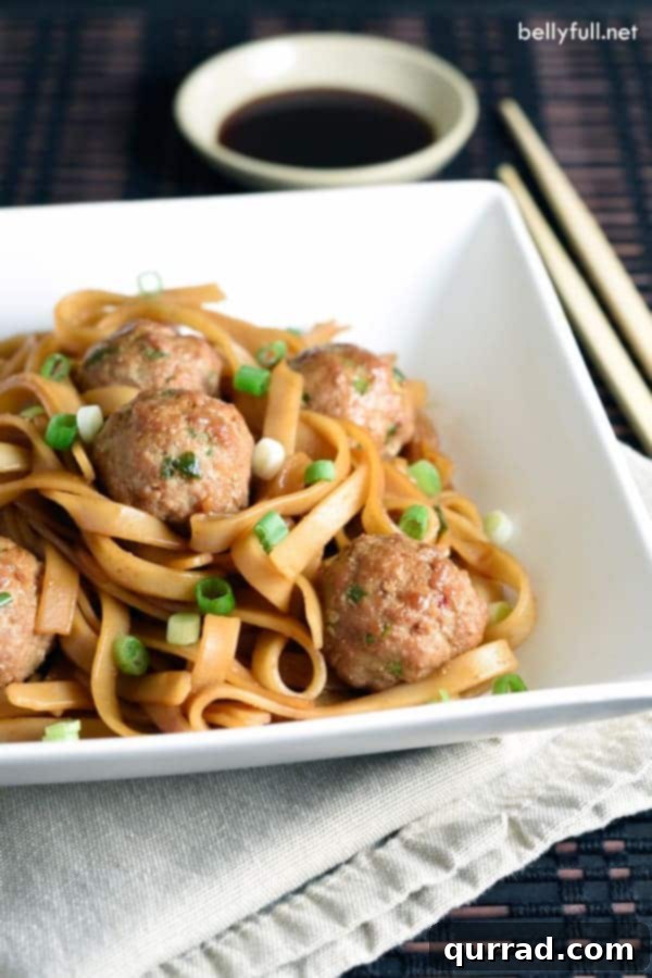 Traditional meatballs with an Asian twist, using ground pork, soy and hoisin sauces. Then served over sesame rice noodles for an easy and complete meal!