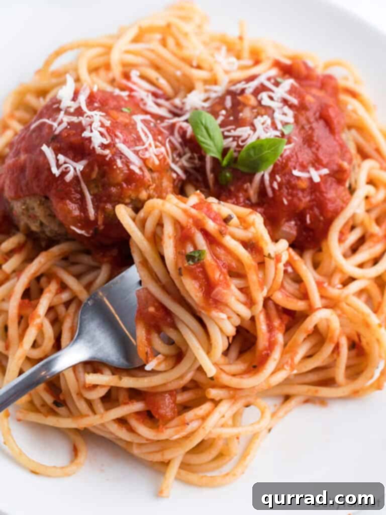 Slow-Simmered Marinara Sauce 4 perfectly swirled spaghetti with marinara sauce on a fork, ready to be eaten