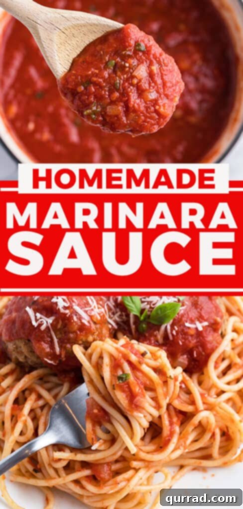 Slow-Simmered Marinara Sauce 7 pin for marinara sauce recipe on a rustic wooden background
