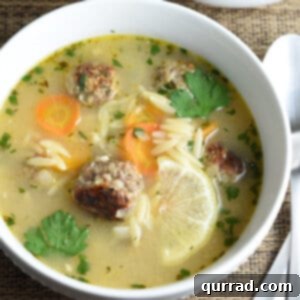 overhead bowl of meatball soup with orzo and lemon slice