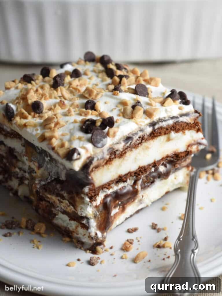 Creamy Dreamy Ice Cream Sandwich Cake 2 Ice Cream Sandwich Cake on a white plate with a fork, showing its delicious layers