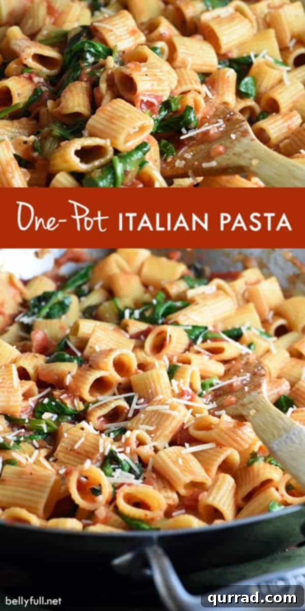 Fresh ingredients for One Pot Italian Pasta, including pasta, tomatoes, and herbs