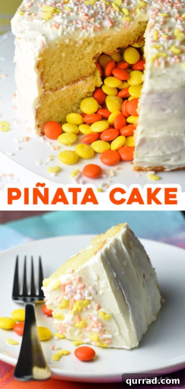 Surprise Inside Piñata Cake 5 A visually striking vertical image of a fully frosted and decorated Piñata Cake, adorned with bright pastel sprinkles, suitable for sharing on social media platforms like Pinterest.