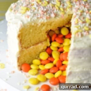 A Piñata Cake cut open, showcasing the colorful candies hidden within, ready to be enjoyed.