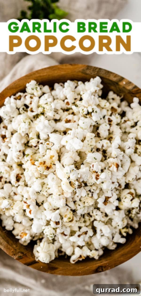 Pin This Garlic Bread Popcorn Recipe for Later pin for garlic bread flavored popcorn recipe