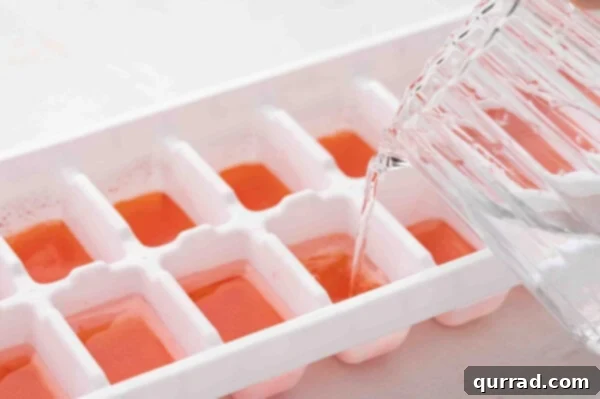 White liquid being poured over the frozen red layer in an ice cube tray for layered effect.