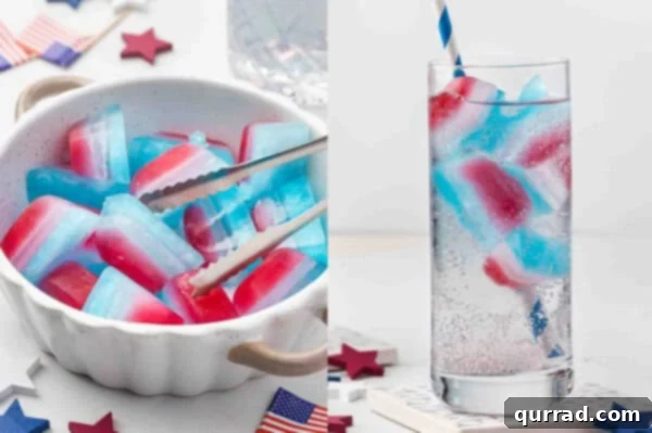 Red, White, and Blue Ice Cubes in a serving bowl with tongs, and in a drink with a straw.