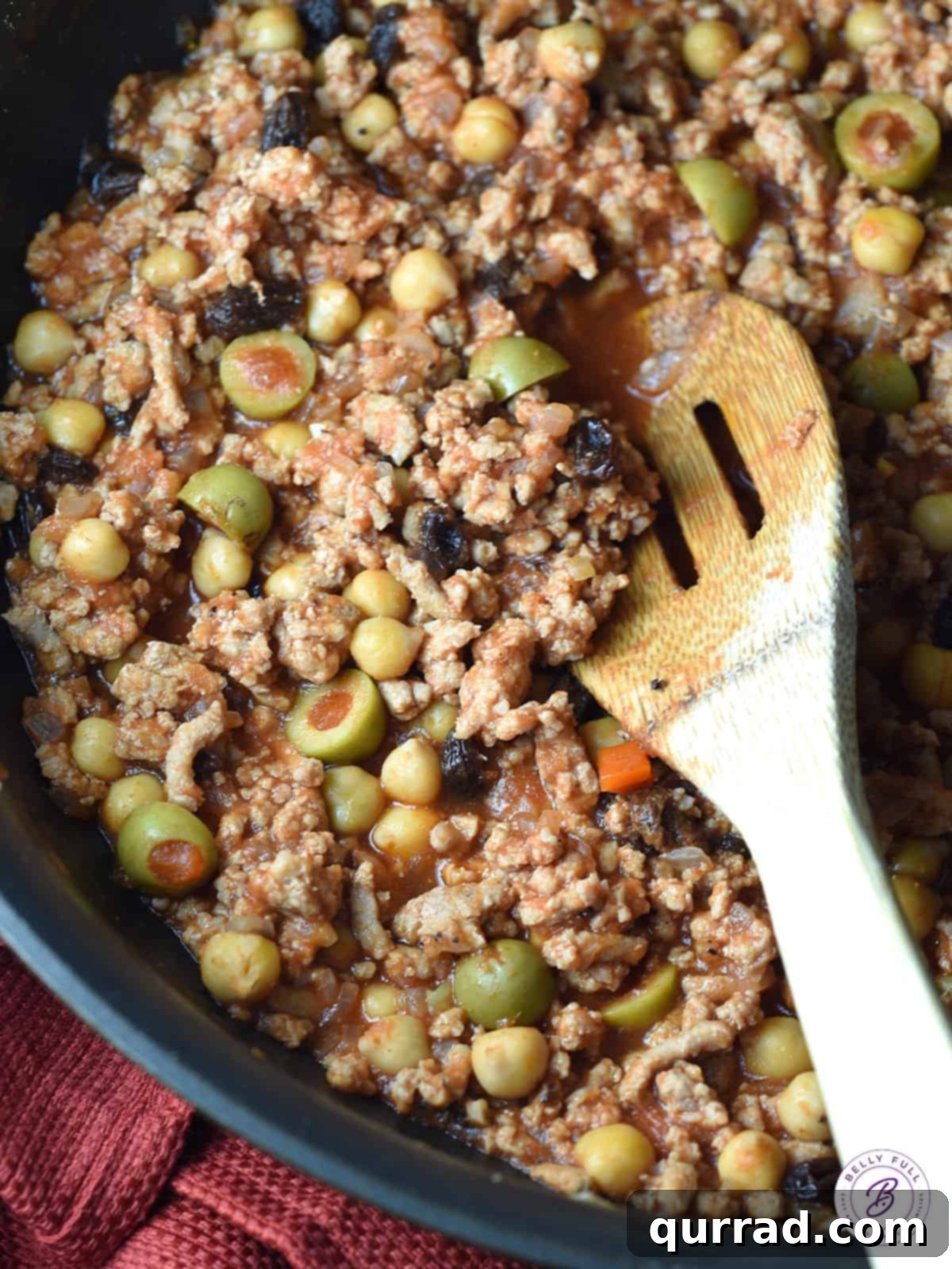 Overhead skillet of delicious ground turkey Cuban picadillo, ready to be served