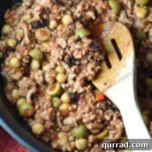overhead skillet of ground turkey cuban picadillo